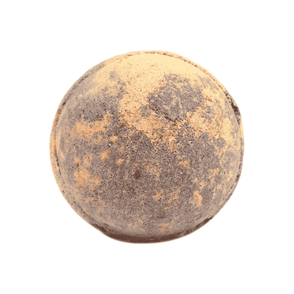 Round bath bomb with brown and beige color pattern on a white background