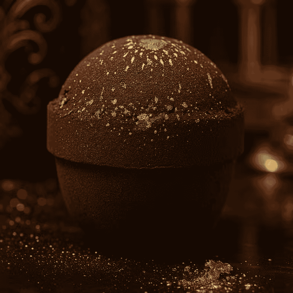Brown bath bomb with decorative elements on a dark background