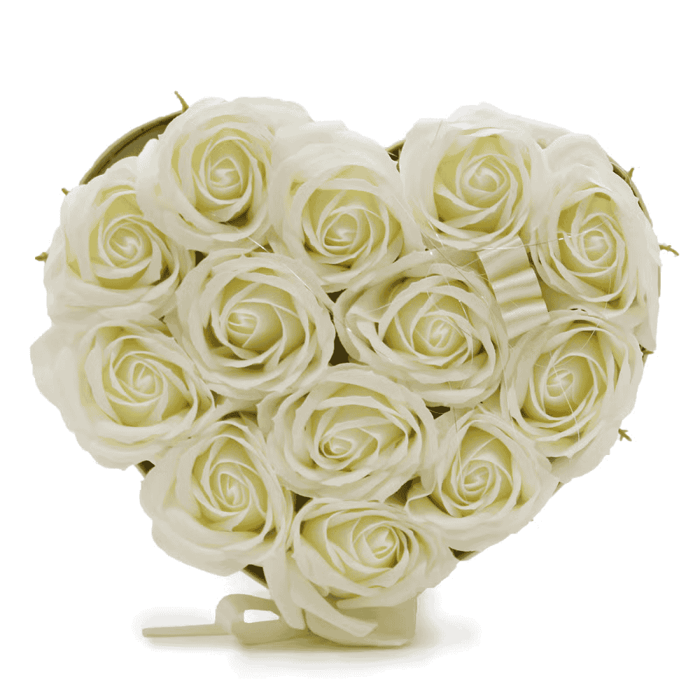 Heart-shaped arrangement of white soap roses on a white background