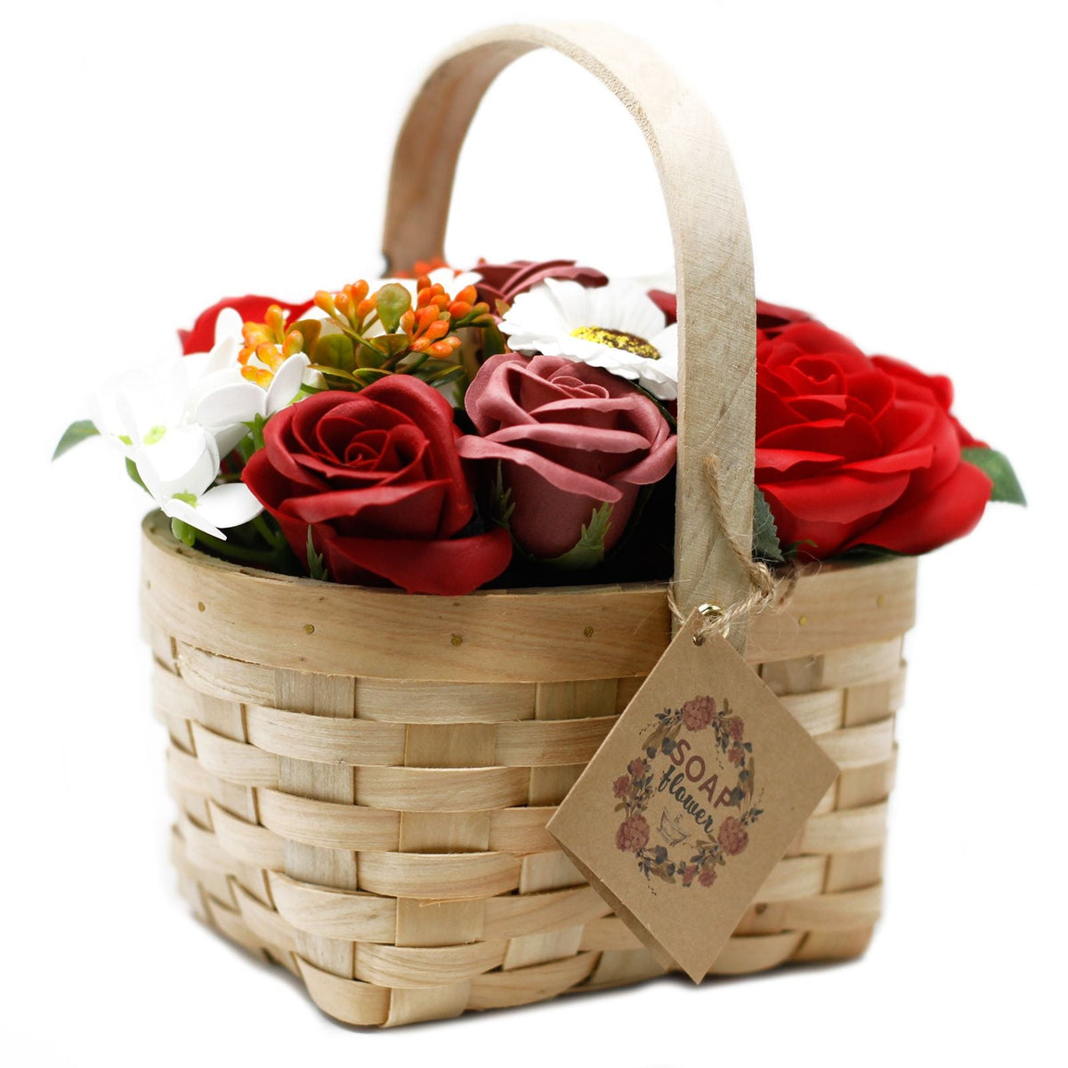 Soap Flower Large Red Bouquet in Wicker Basket - Bella Forever