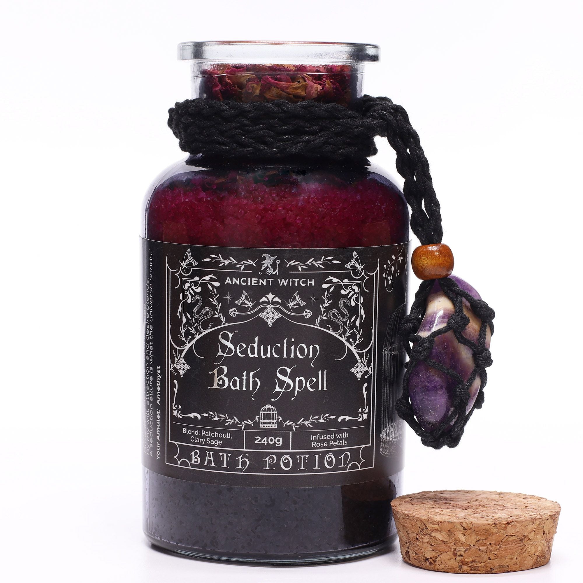 Witch Bath Spell Potion & Amethyst Crystal Amulet - Seduction