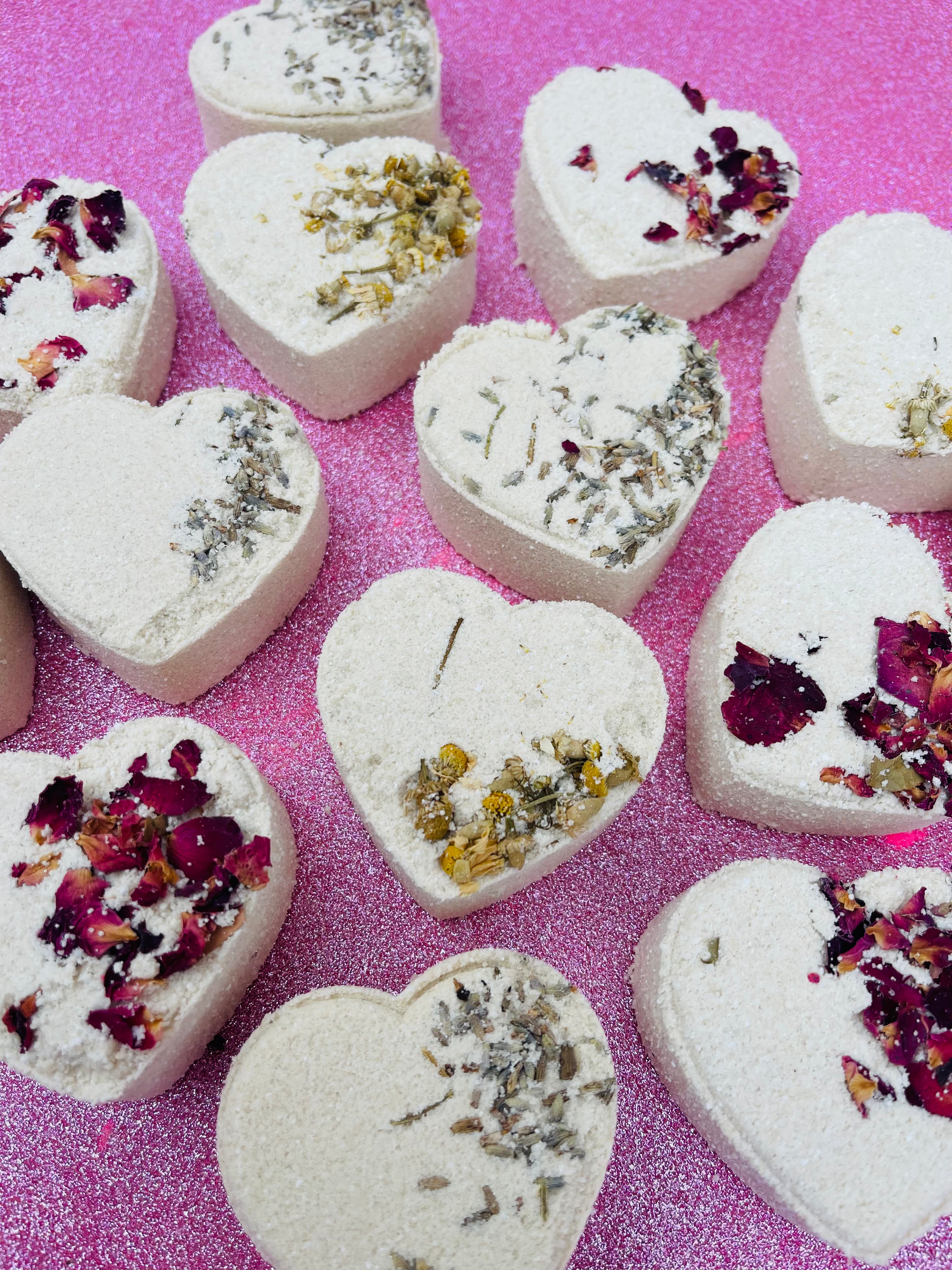 heart bath bombs with rose petals