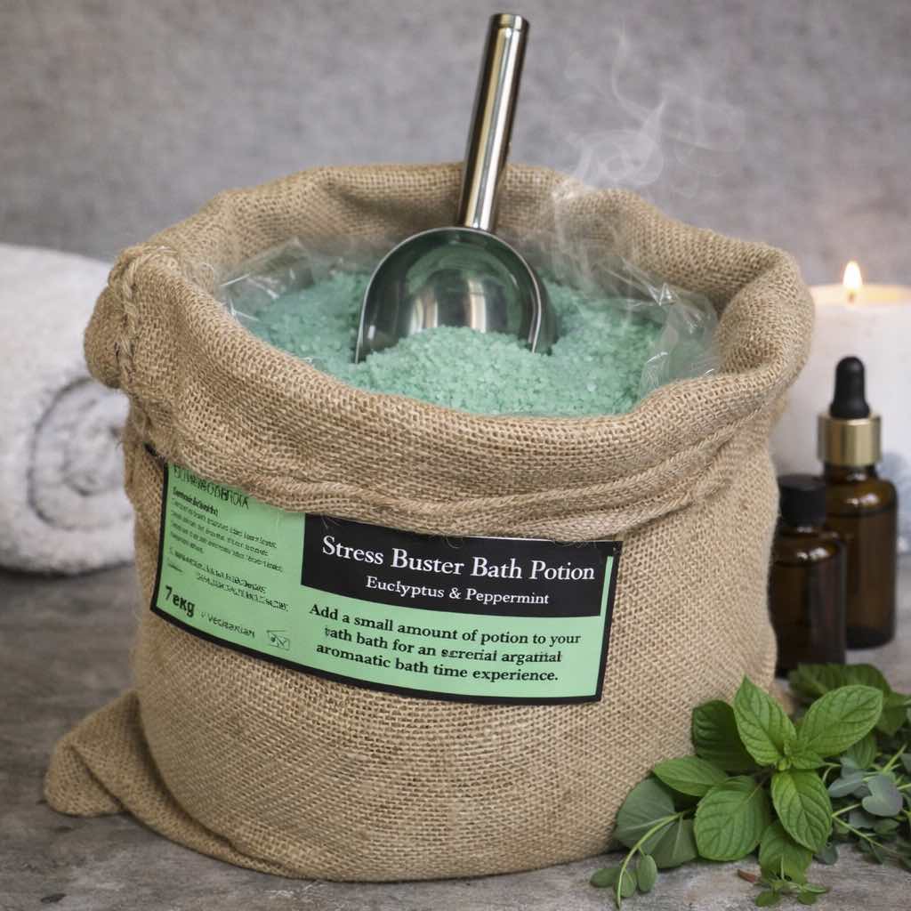 Stress Buster Bath Potion – Eucalyptus & Peppermint in 7kg Hessian Sack