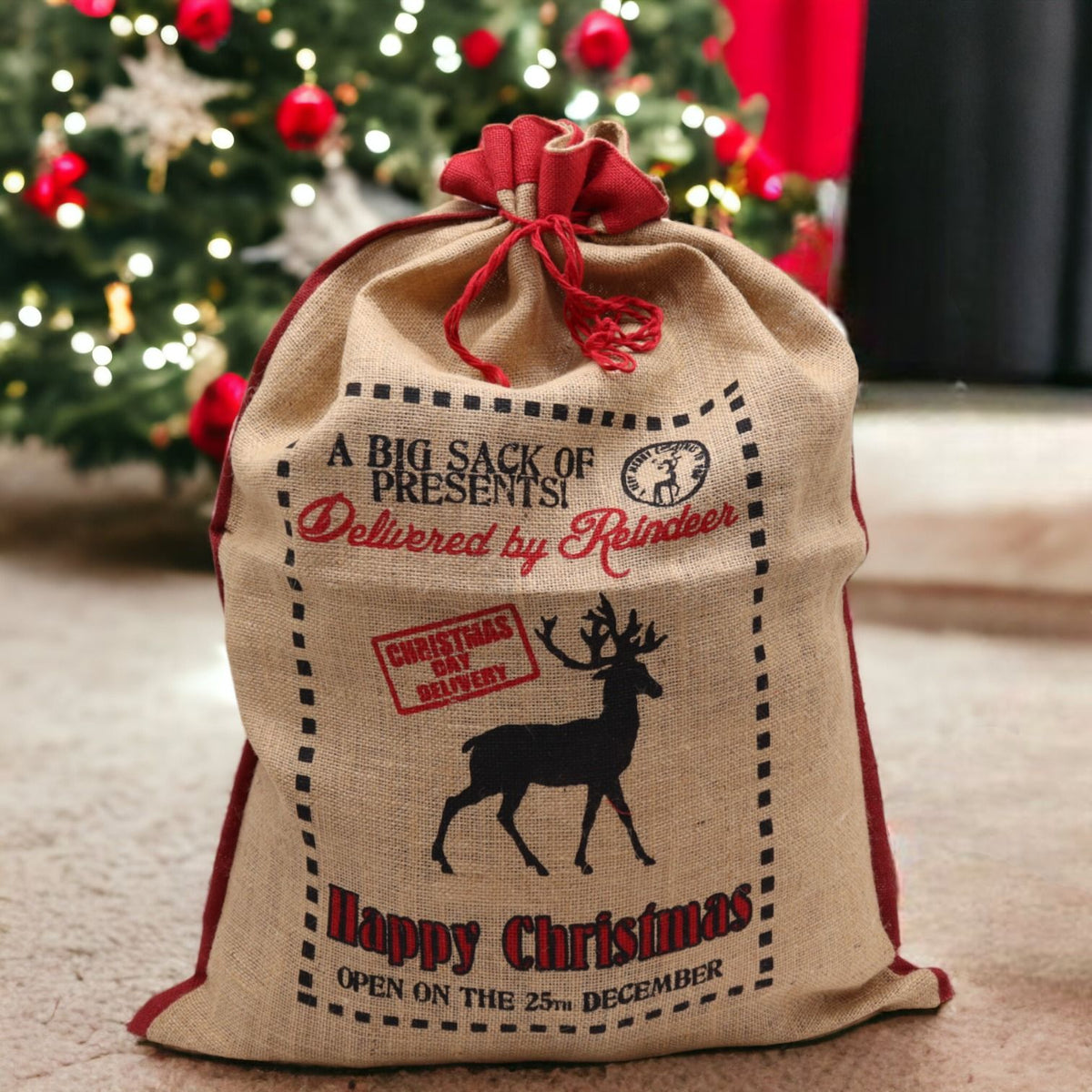 Delivered By Reindeer Christmas Jute Sack
