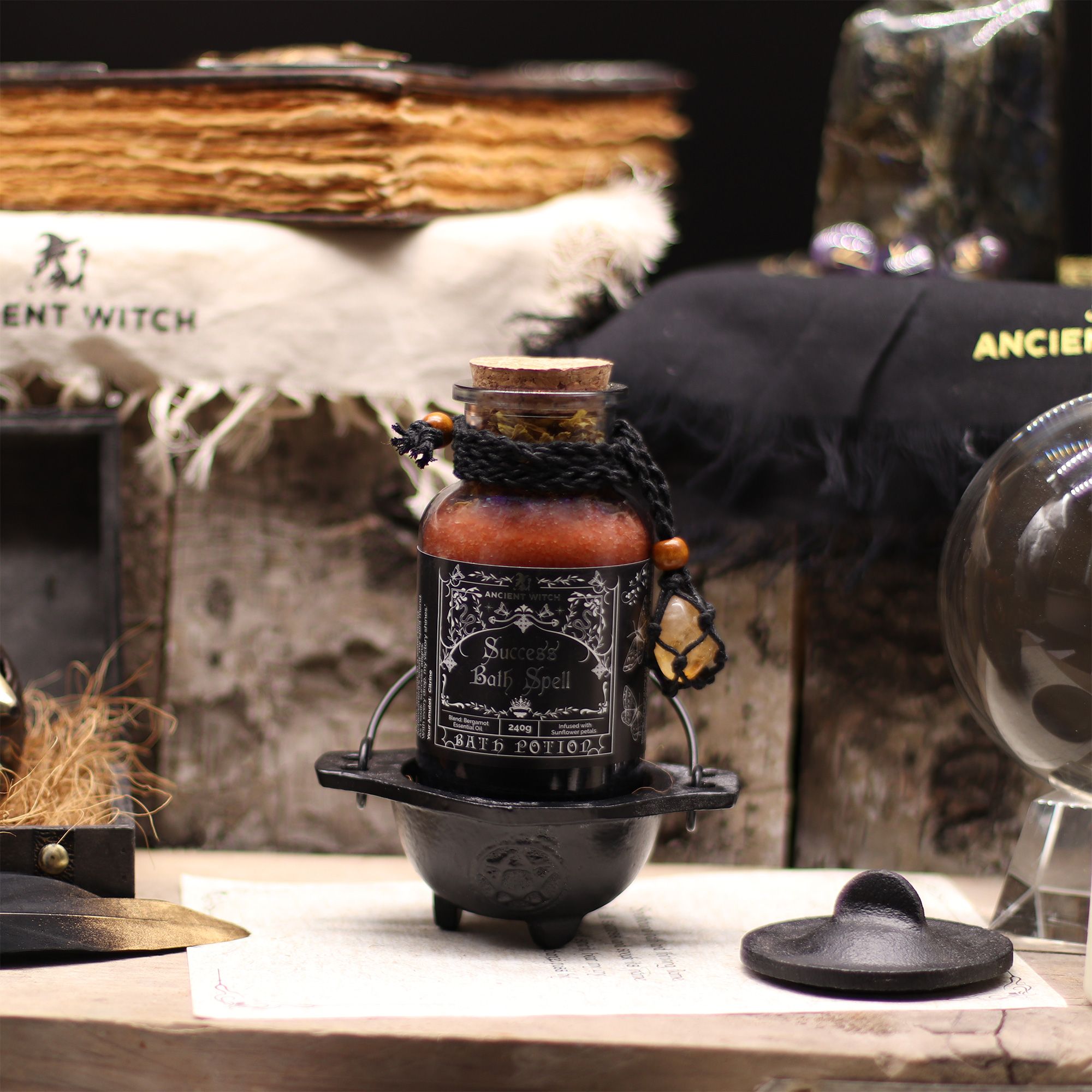 Ancient Witch Bath Spell Potion & Citrine Crystal Amulet - Success