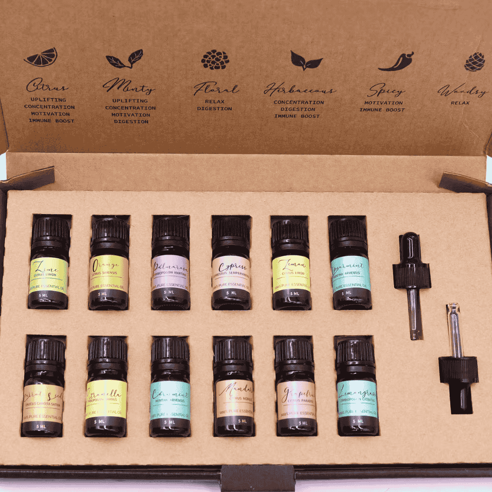 Collection of essential oil bottles in a cardboard box with labels on a white background