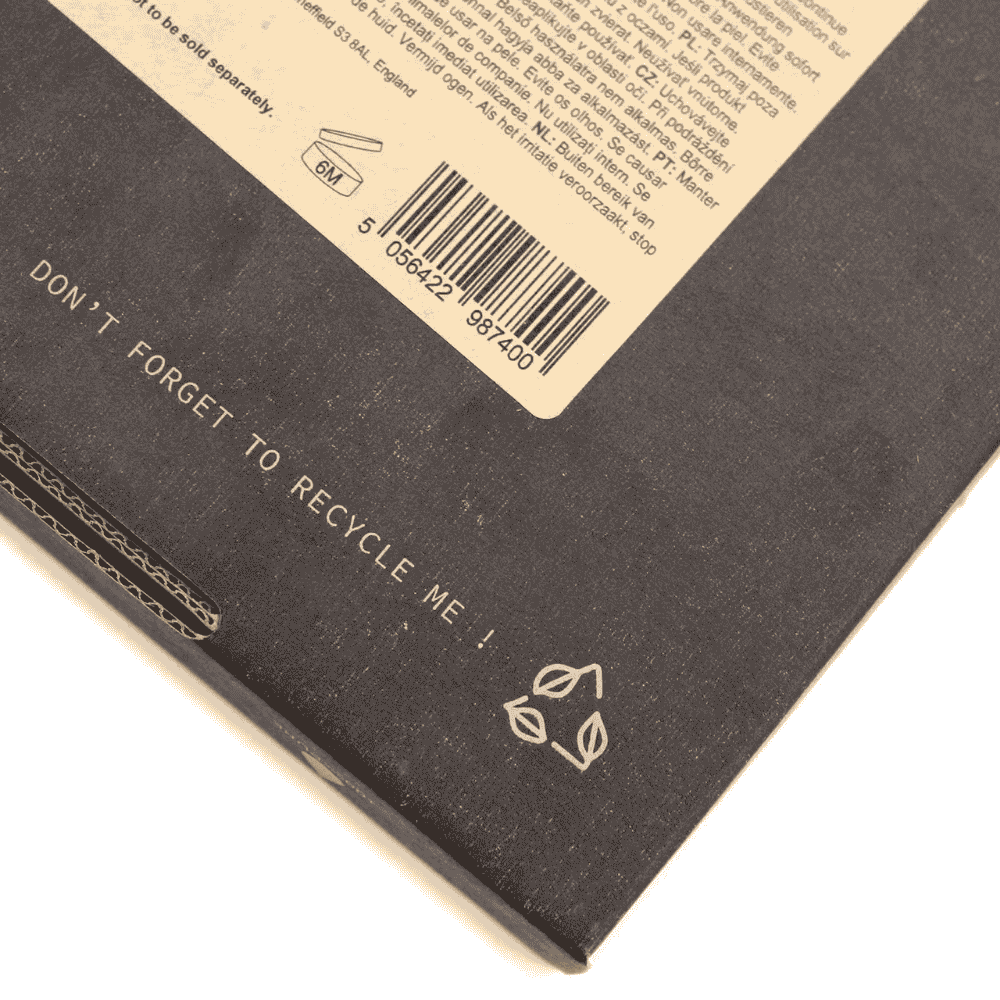 Back of a black cardboard box with recycling message and barcode
