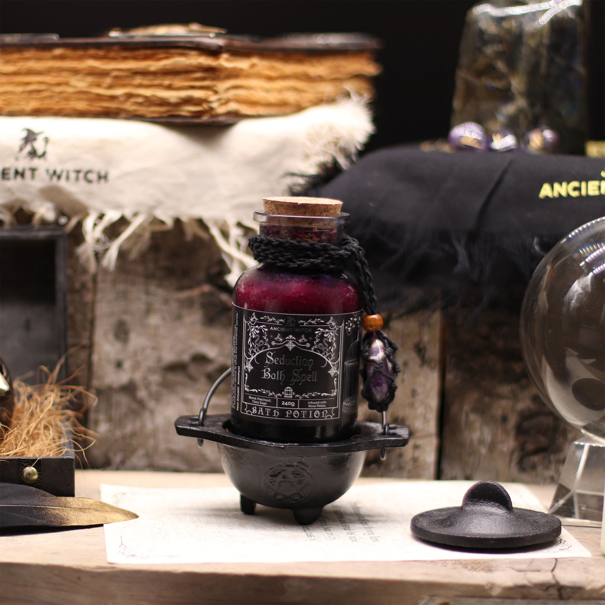 Witch Bath Spell Potion & Amethyst Crystal Amulet - Seduction