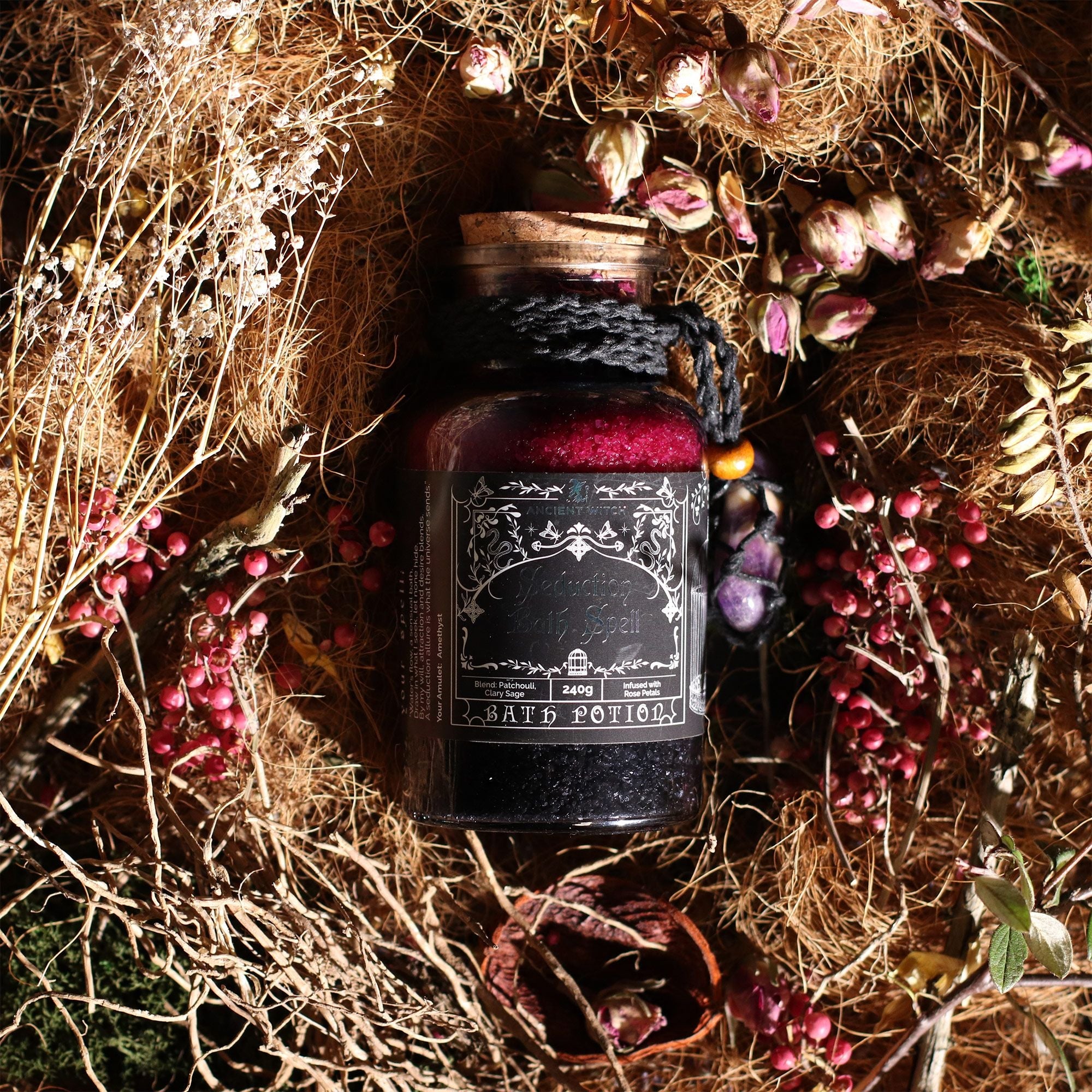 Witch Bath Spell Potion & Amethyst Crystal Amulet - Seduction